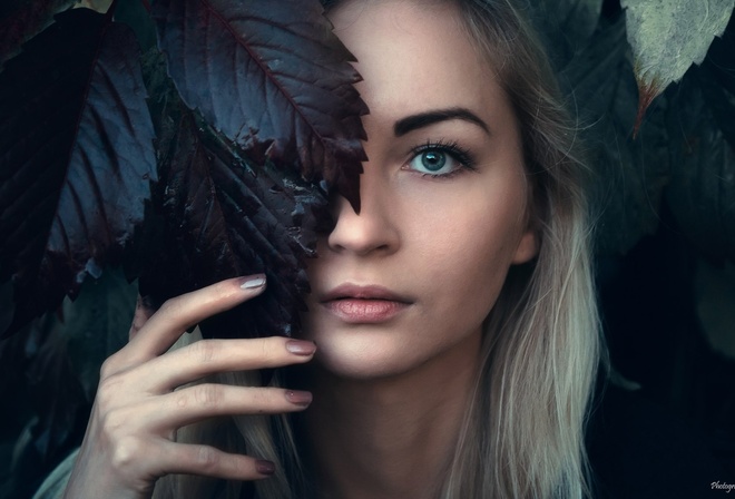 women, leaves, blonde, face, portrait, green eyes