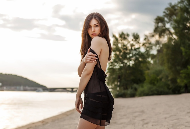 women, portrait, depth of field, black dress, see-through clothing, women outdoors, sand