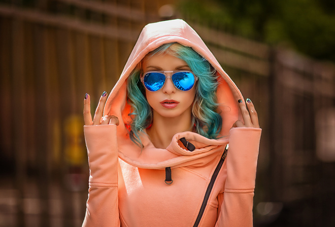 Ekaterina Enokaeva, portrait, women, painted nails, dyed hair, sunglasses, depth of field, hoods, sweater