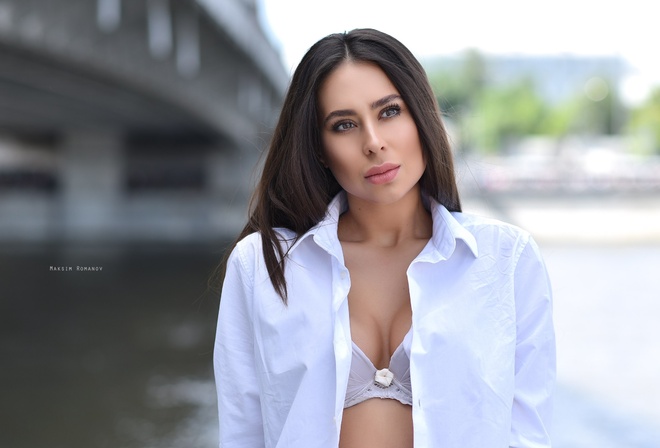 Maksim Romanov, women, portrait, white bra, shirt, depth of field, looking away, open shirt