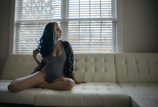 women, couch, sitting, dyed hair, brunette, leotard, looking away