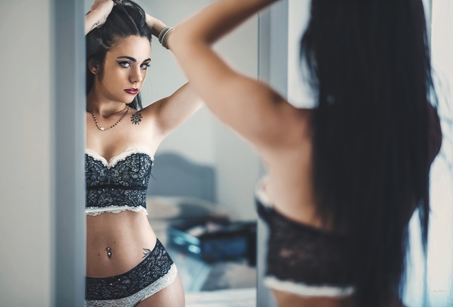 women, tanned, lingerie, belly, pierced navel, mirror, reflection, tattoo