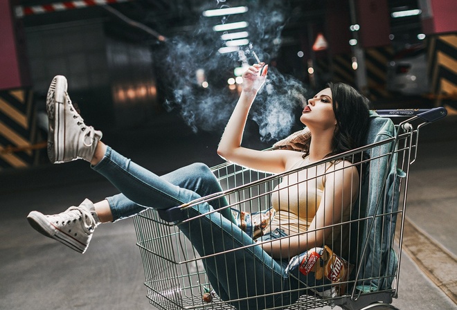 women, Fotoshi Toshi aka Anton Harisov, Anton Harisov, sneakers, Converse, cigarettes, smoke, pants, jeans