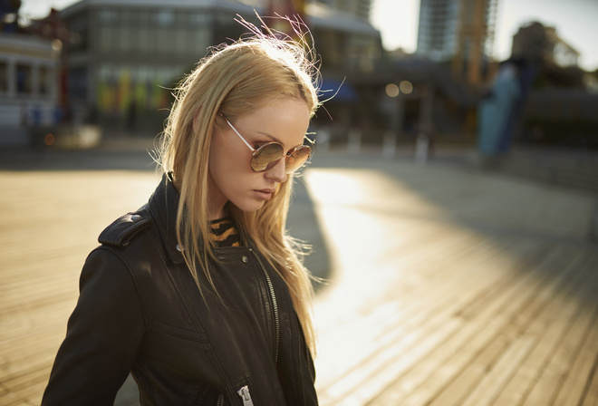 women, blonde, portrait, leather jackets, sunglasses, depth of field, women outdoors