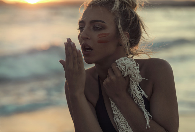 Lea Benattia, women, David Ben Haim, portrait, blonde, sea, looking away, depth of field, women outdoors, bikini top, open mouth, sunset, tanned