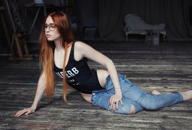 women, redhead, one-piece swimsuit, monokinis, women with glasses, on the floor, red nails, long hair, pants, torn jeans, pants down, hips