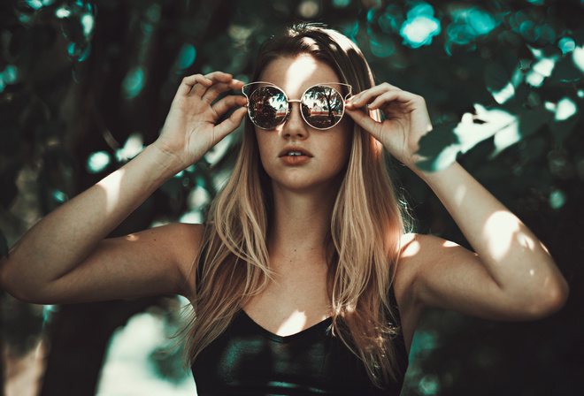 women, blonde, sunglasses, depth of field, portrait, armpits