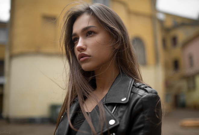 Anastasia Lis, women, portrait, leather jackets, depth of field