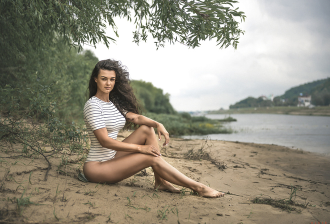 women, tanned, sitting, one-piece swimsuit, sand, depth of field, river, women outdoors