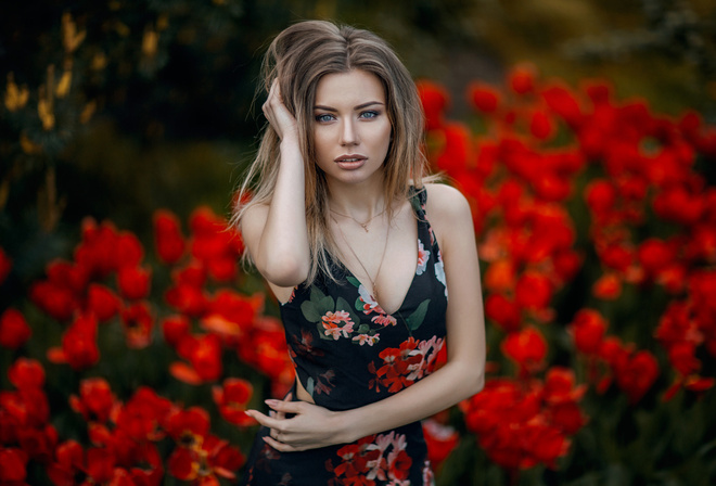 women, blonde, portrait, face, flowers