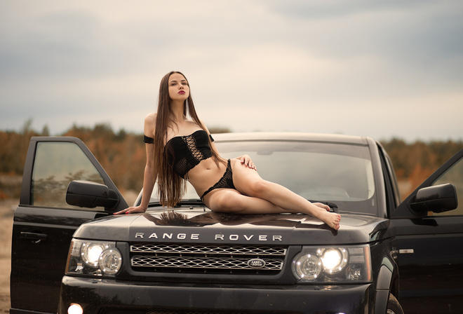women, Range Rover, Land Rover, long hair, black lingerie, belly, sitting, women outdoors, car, red nails