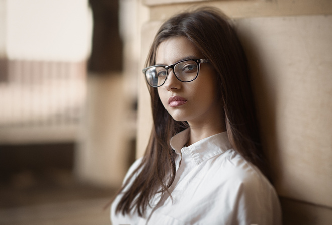 women, portrait, women with glasses, depth of field, shirt, face, blue eyes