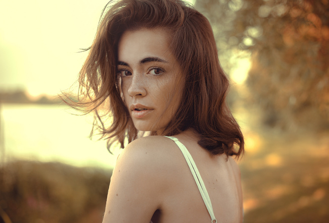 women, Lidia Savoderova, face, portrait, depth of field, freckles