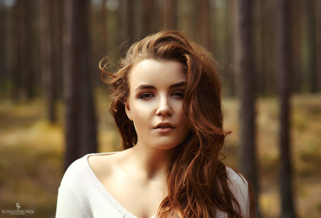 women, Roman Prosek, depth of field, trees, forest, portrait, women outdoors, face