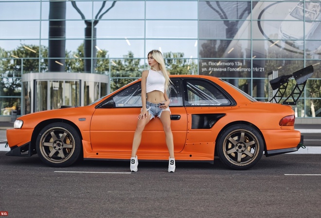 women, blonde, car, tanned, jean shorts, sneakers, looking away, belly