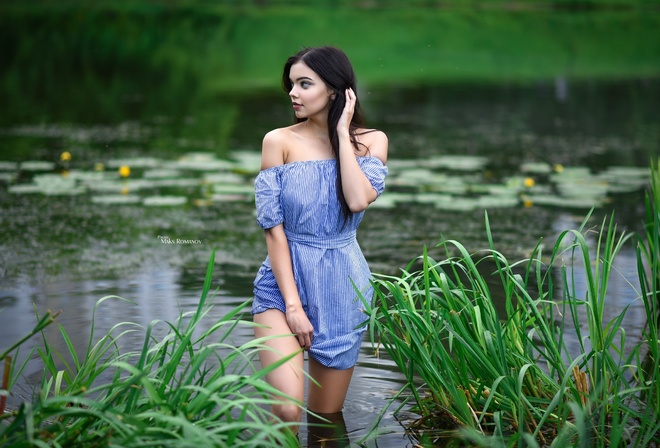 women, Maksim Romanov, portrait, dress, depth of field, water, women outdoors