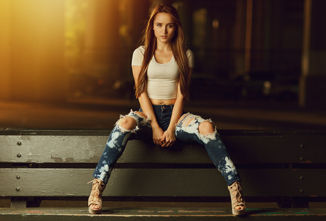 women, sitting, portrait, pierced navel, depth of field, jeans, torn jeans, high heels, long hair, bench