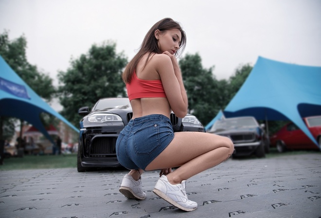 women, tanned, jean shorts, red tops, tattoo, car, women outdoors, ass, sneakers, squatting