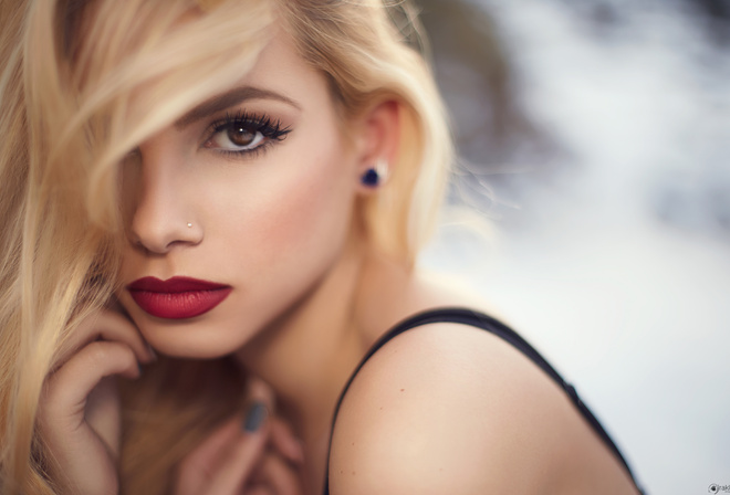 women, blonde, face, portrait, depth of field, red lipstick, pierced nose