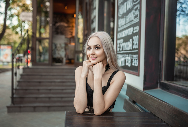 women, blonde, portrait, women outdoors, smiling, depth of field, sitting