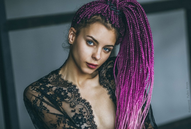 women, fishnet stockings, tanned, dyed hair, dreadlocks, face, blue eyes, nose rings, portrait