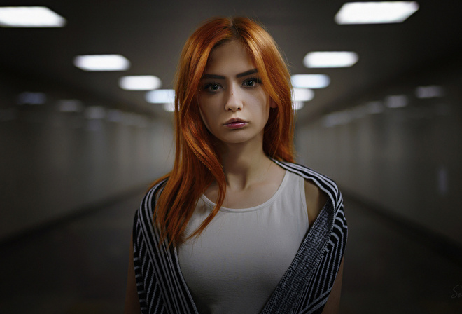 women, Sergey Fat, portrait, redhead, depth of field