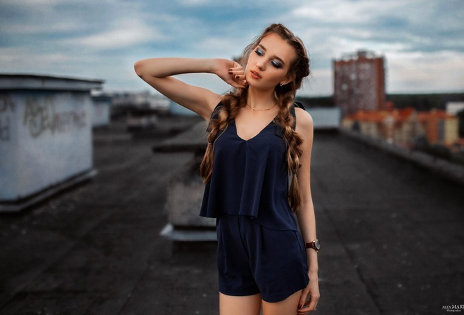 women, blonde, pigtails, women outdoors, tanned, rooftops, portrait, depth of field