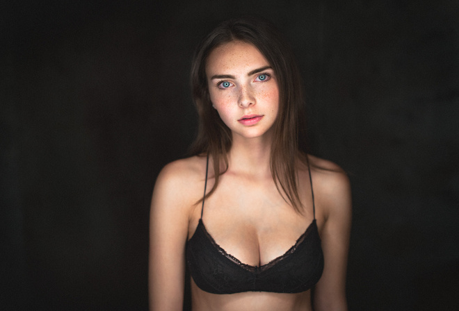 women, portrait, black bras, simple background, freckles