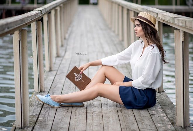 women, Maksim Romanov, bridge, hat, books, sitting, looking away, portrait