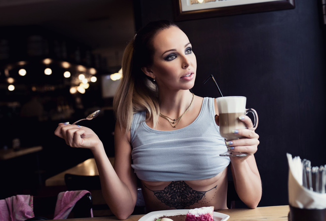 women, boobs, sitting, cup, looking away, underboob, portrait, tattoo, necklace