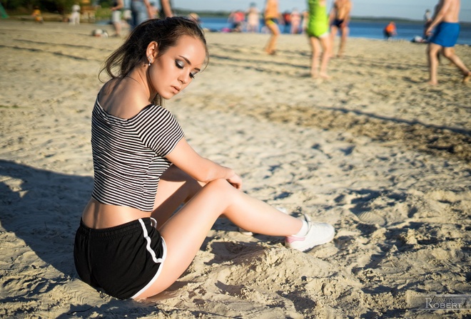 women, sitting, sneakers, sand, sea, shorts, short shorts, women outdoors, closed eyes, depth of field