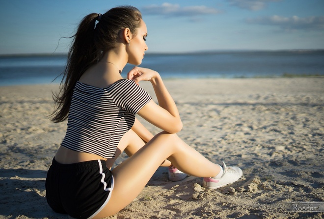 women, sitting, sneakers, sand, sea, shorts, short shorts, women outdoors, depth of field