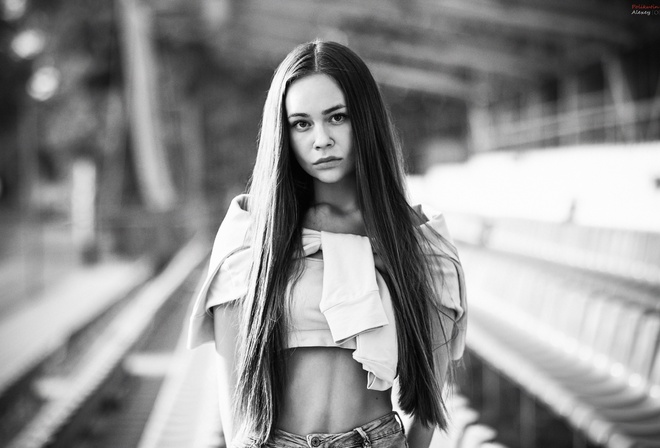 women, portrait, monochrome, jean shorts, long hair, depth of field