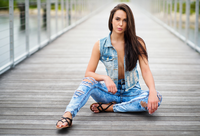 denim, sitting, pants, jeans, sandals, portrait, women