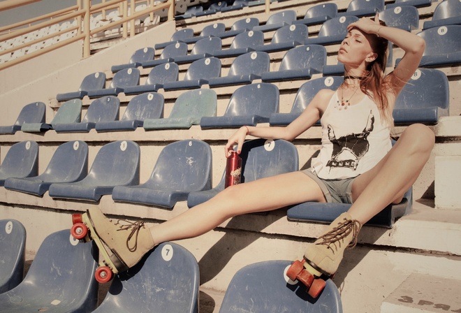 women, blonde, rollerskates, sitting, jean shorts, T-shirt, women outdoors, closed eyes, choker, necklace, stadium