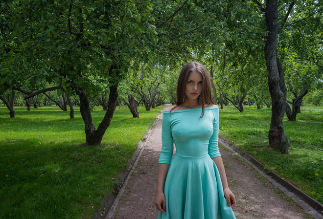 women, trees, portrait, dress, nipple through clothing, women outdoors