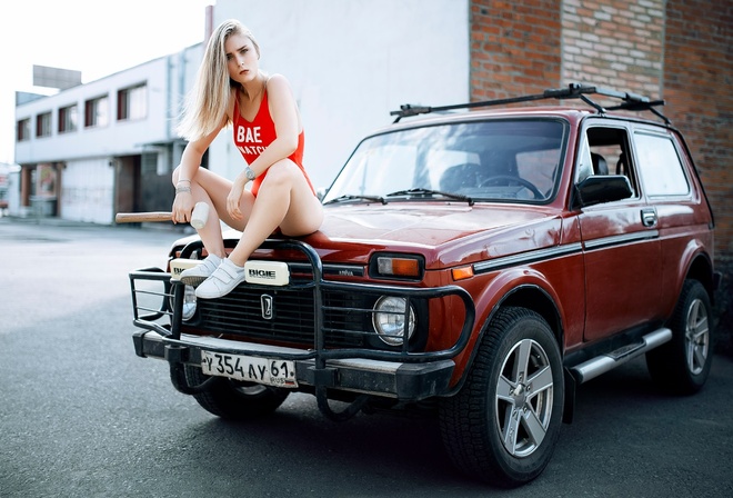 women, blonde, sitting, sneakers, car, one-piece swimsuit, women outdoors, portrait