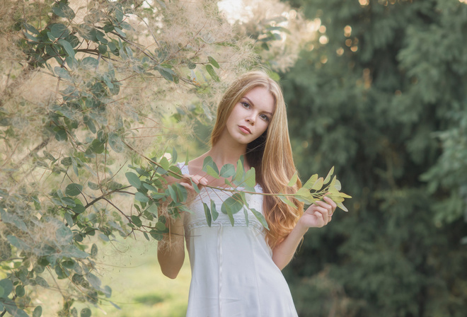 women, blonde, portrait, white dress, depth of field, women outdoors