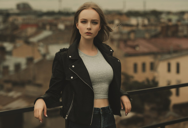 women, blonde, portrait, depth of field, women outdoors, leather jackets