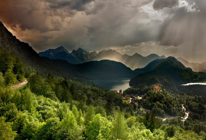 Обои природа, пейзаж, Бавария, горы, холмы, Альпы, река ...
