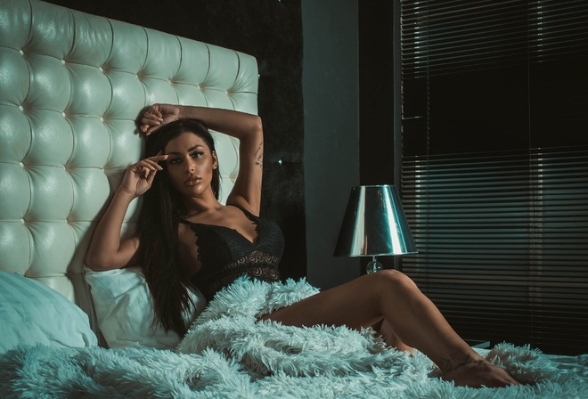 Ksunechka Shishova, women, tanned, black lingerie, in bed, Louis De Navarre