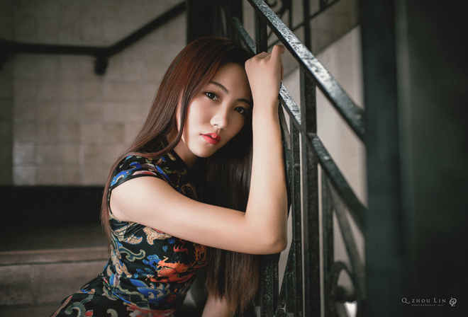 women, Asian, portrait, stairs