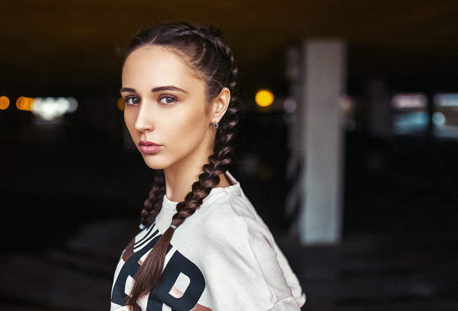 women, pigtails, T-shirt, portrait, depth of field