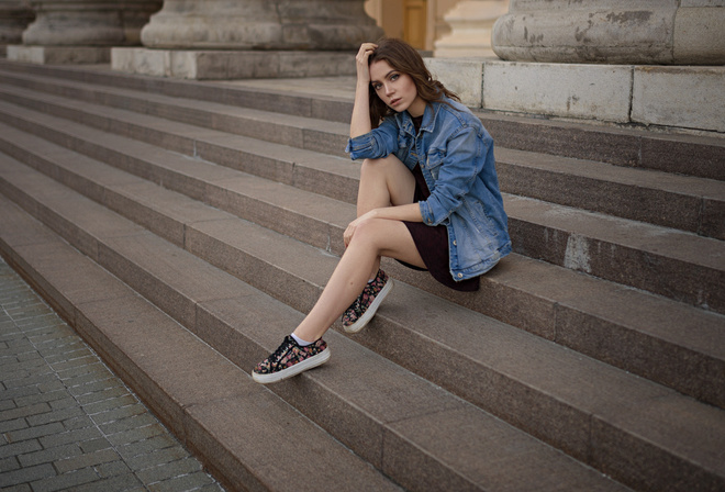 women, Sergey Fat, women outdoors, sitting, stairs, dress, Xenia Kokoreva, Ksenia Kokoreva