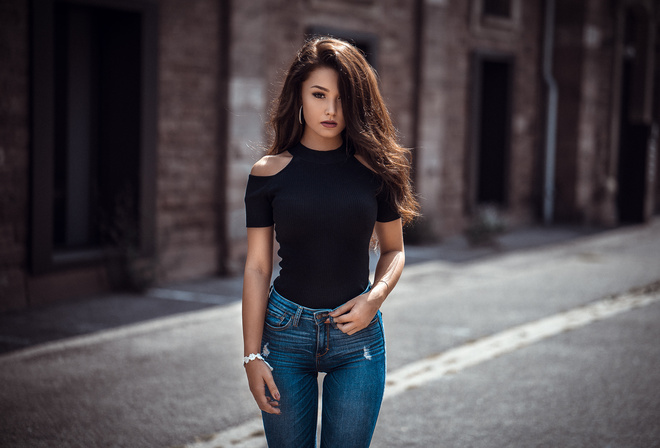 women, portrait, jeans, tanned, women outdoors, depth of field