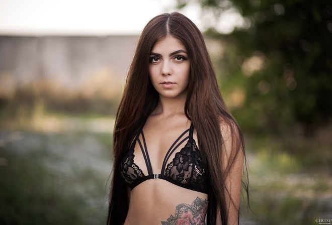 women, portrait, tattoo, long hair, depth of field, black bras, women outdoors