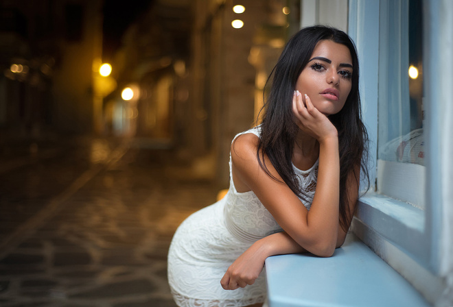 women, tanned, depth of field, portrait, window, white dress