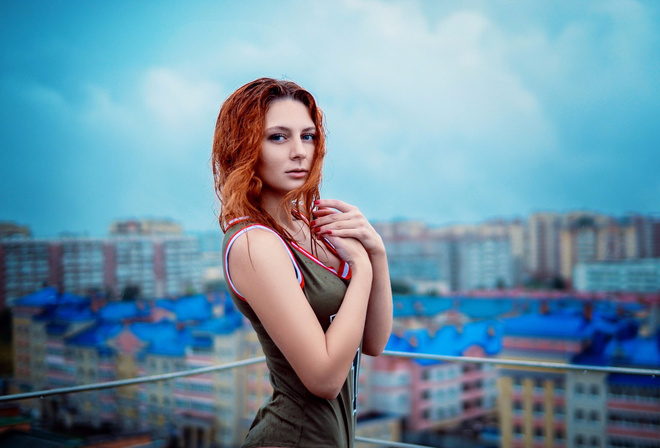 women, redhead, water drops, portrait, depth of field, women outdoors, red nails