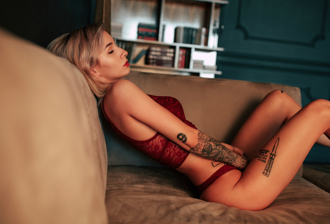 women, blonde, closed eyes, tanned, couch, red lipstick, red lingerie, tattoo