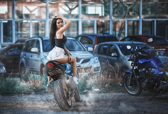 women, sitting, ass, jean shorts, car, motorcycle, red nails, red lipstick, sneakers, tanned, women with motorcycles, long hair